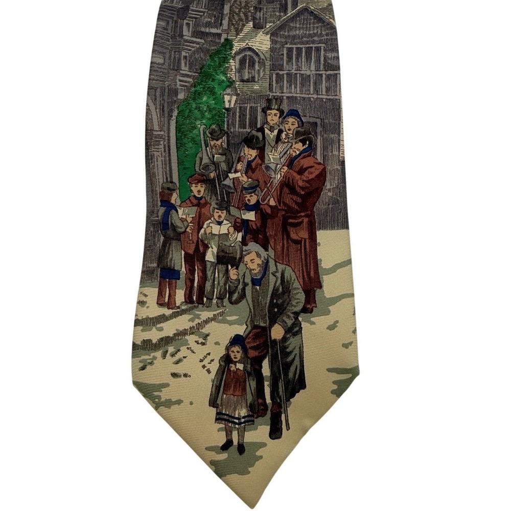 Lands End Mens Silk Tie Victorian Christmas Carolers Snowy Village Tan Green